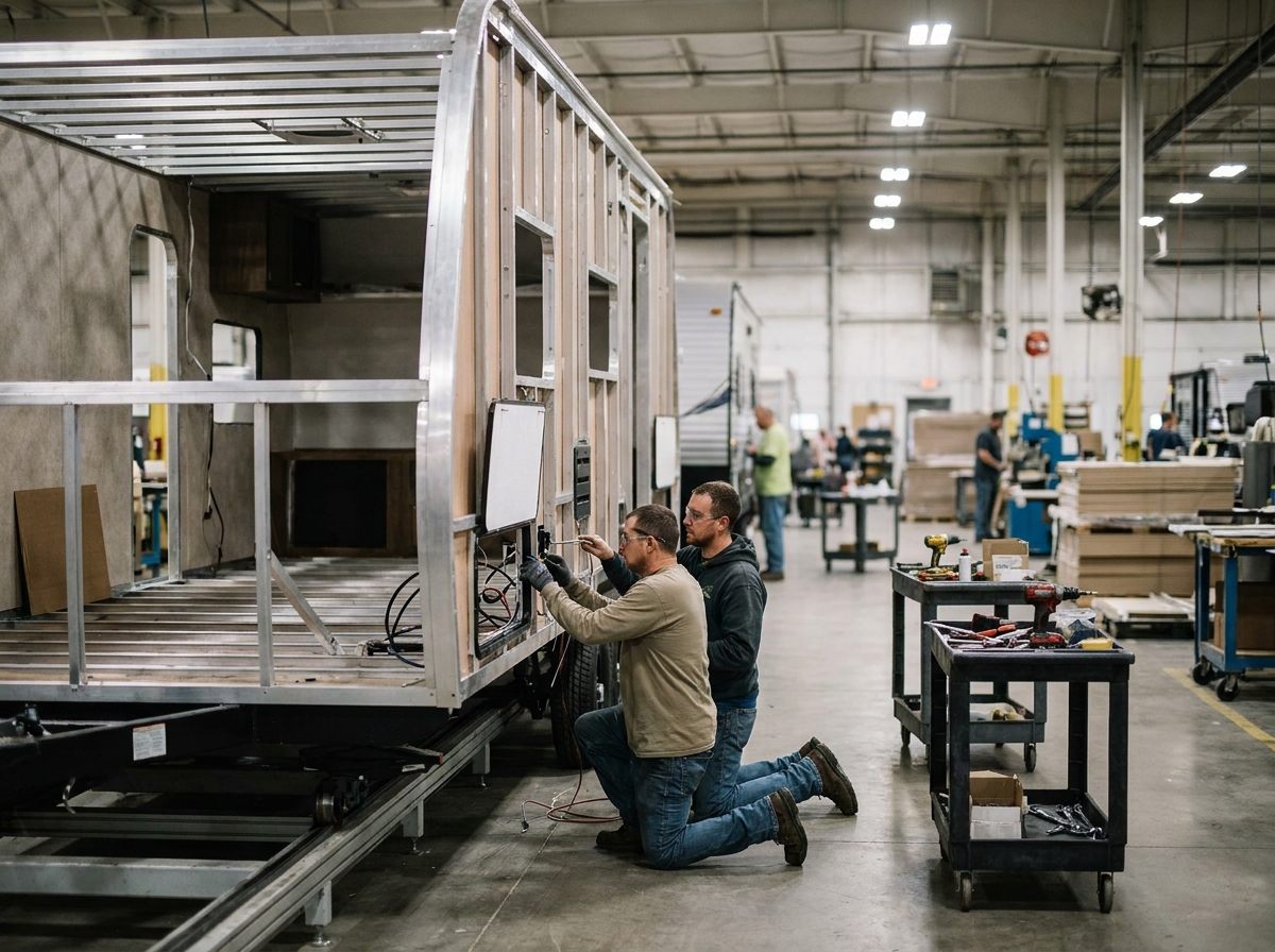 Travel trailer under construction on an RV assembly line