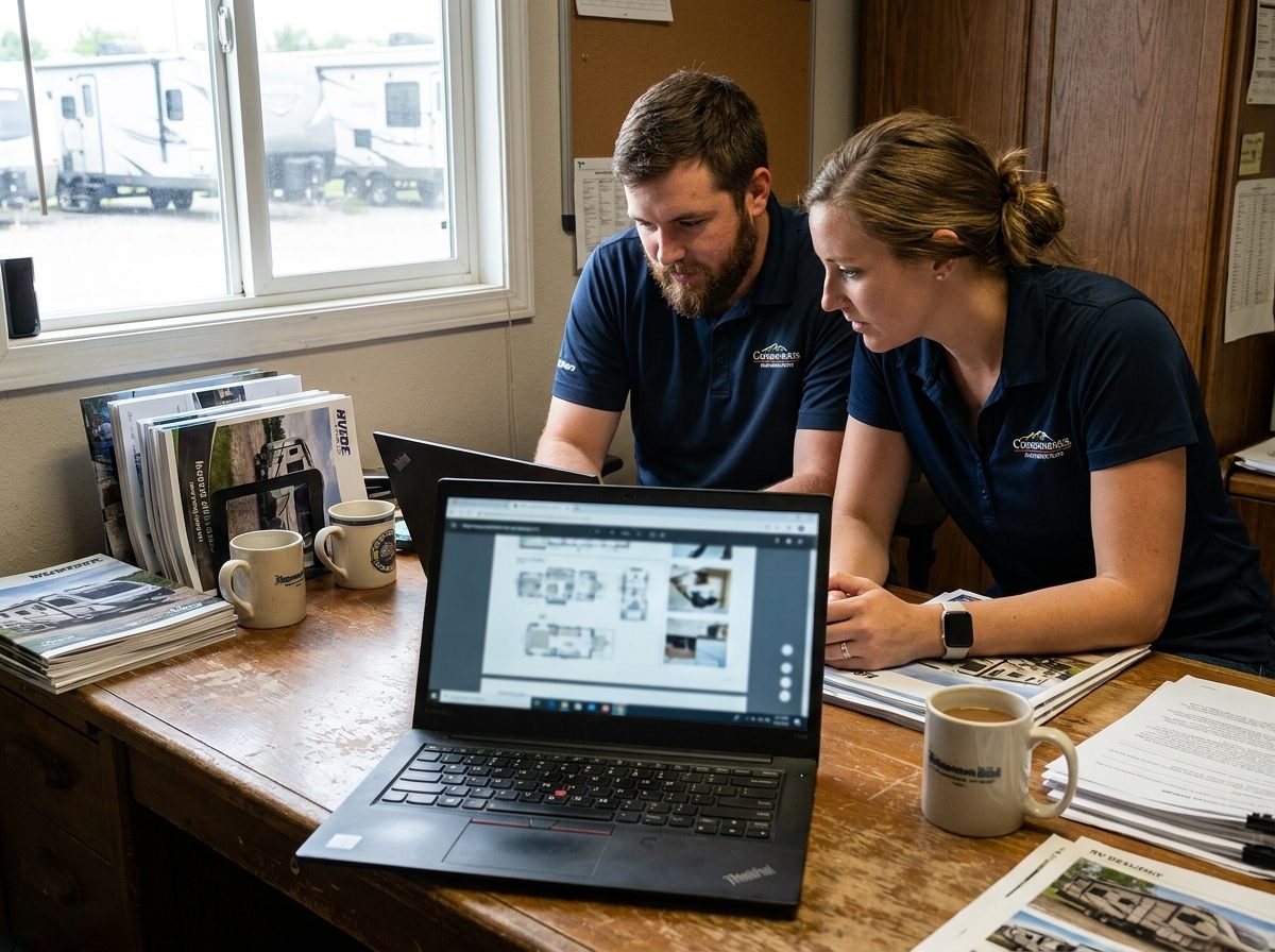Dealership staff reviewing training material on a laptop